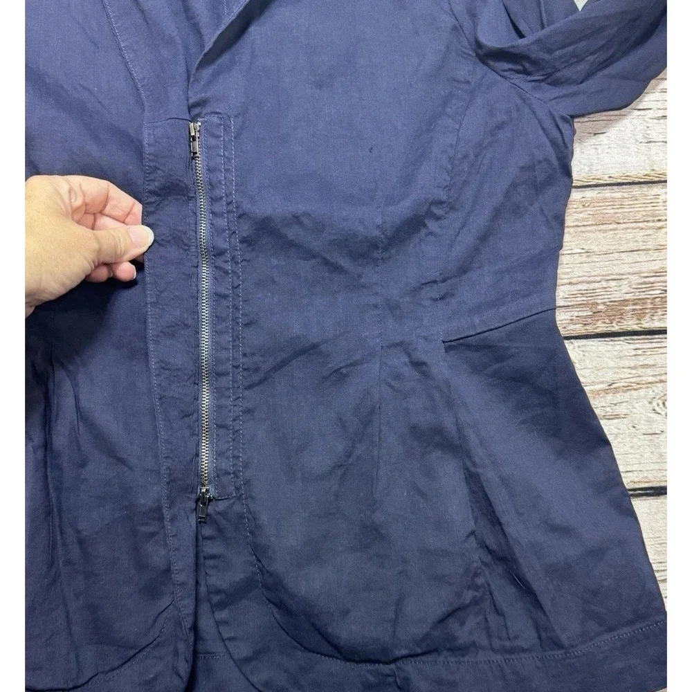 EILEEN FISHER Jacket Blazer Linen Viscose Blend Stretch Zip Up Navy Blue M